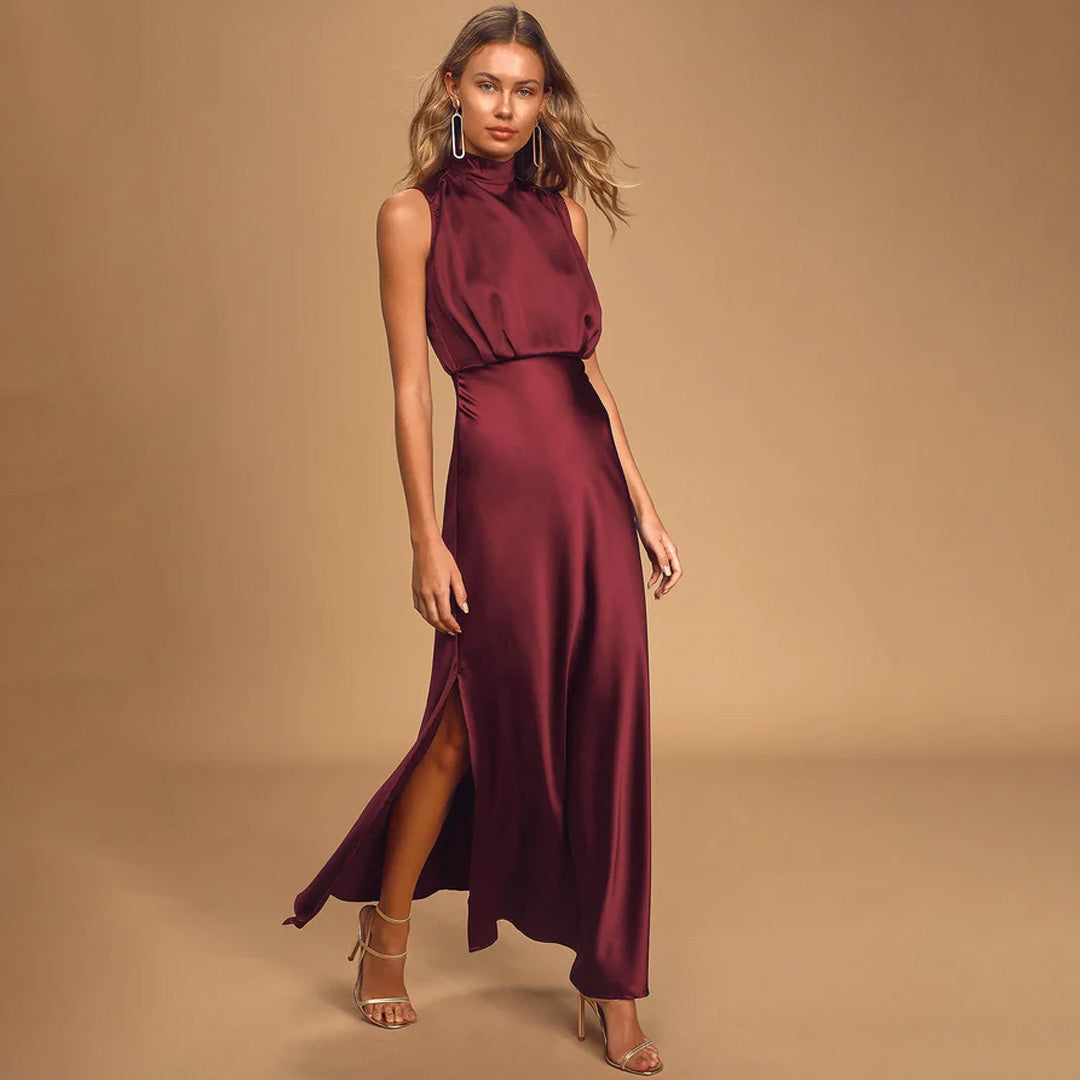 Elegance Wine Satin Sleeveless Mock Neck Maxi Dress