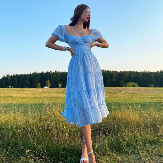 Love Yourself Long Swiss Dot Layered Dress Sea Blue