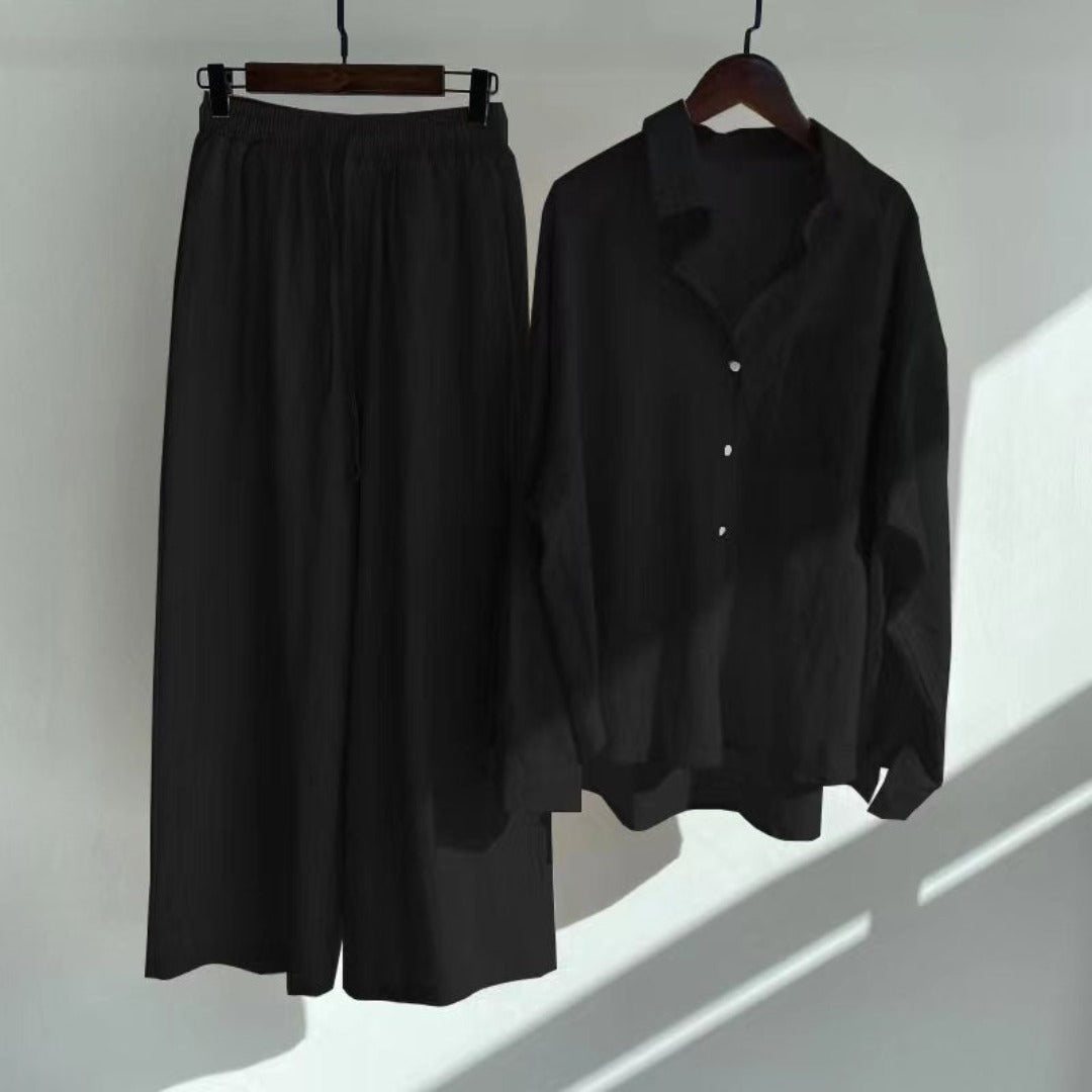 Fashionable Women's Slacks High Waist Cotton Shirt Suit