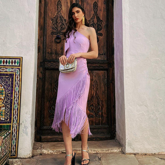 Pretty Girl Lavender One-shoulder Midi Dress With Fringes